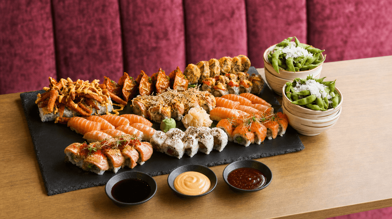 Sumo Takeout Combo Deluxe for 6: assorted maki and nigiri on a slate platter with edamame and dipping sauces