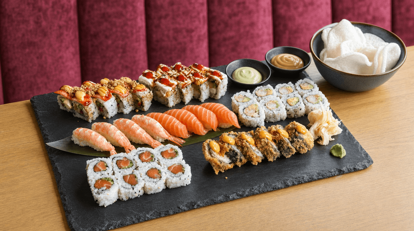 Sumo Takeout Combo for 3/4: maki rolls with salmon and ebi nigiri on a slate platter with dipping sauce