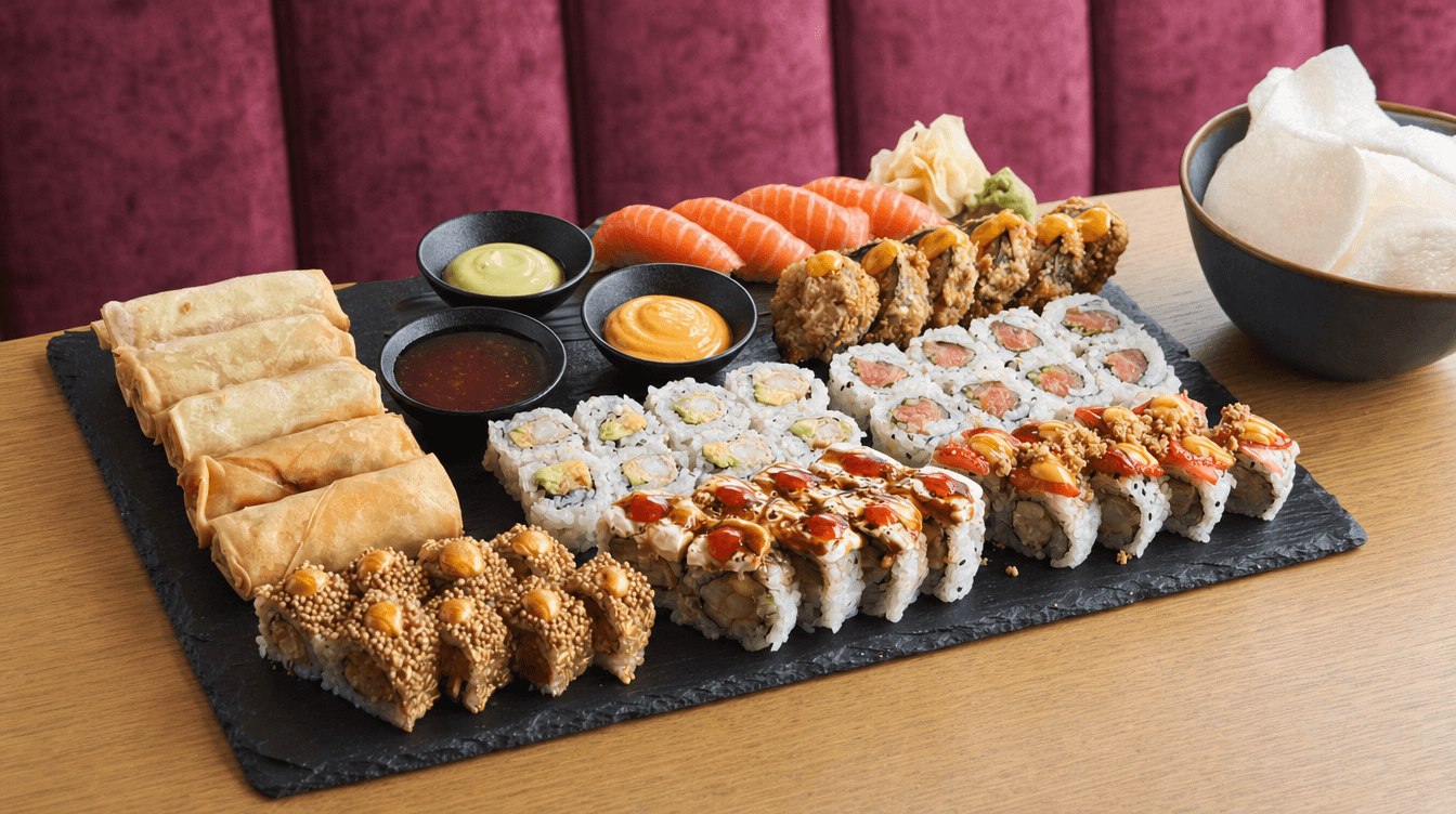 Sumo Takeout Combo for 4/5: maki rolls, salmon nigiri and spring rolls on a slate platter with dipping sauces