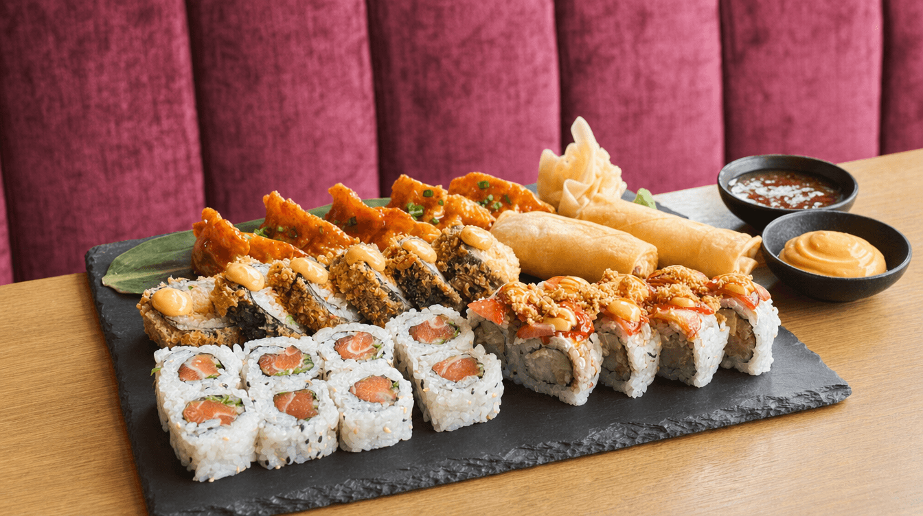 Sumo Takeout Combo for 2: maki rolls, gyoza and spring rolls on a slate platter with dipping sauces