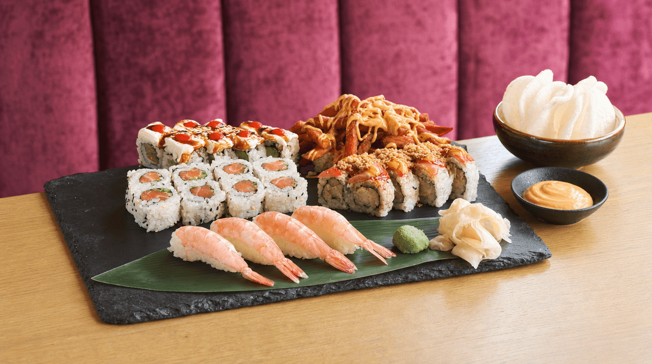 Sumo Takeout Combo for 2 Plus: maki rolls and four ebi nigiri on a slate platter with dipping sauce